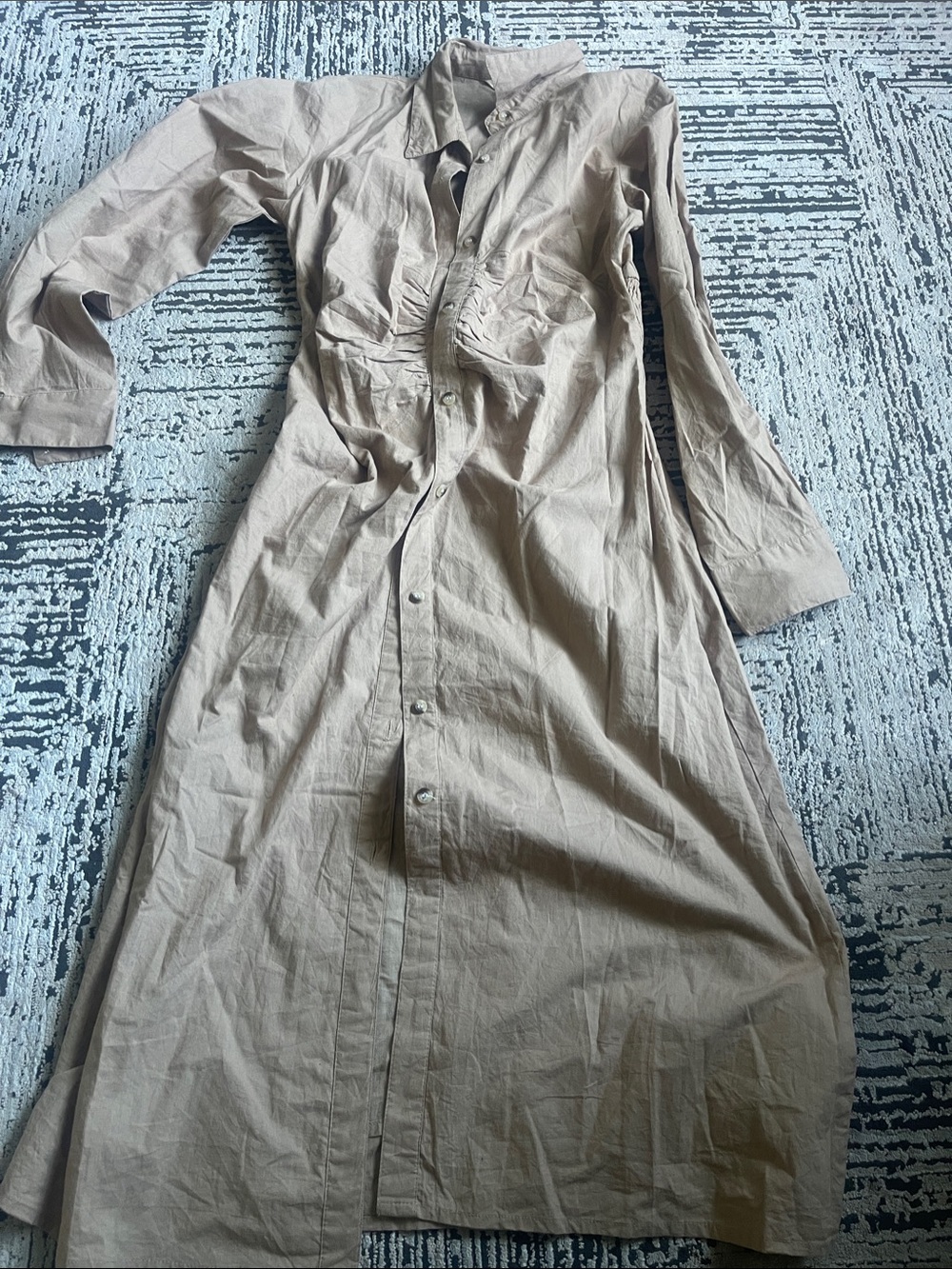 Long-Sleeve Button-Front Midi Dress in Taupe